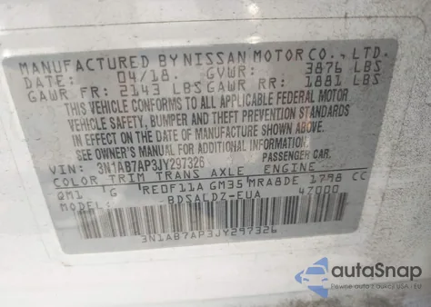 2018 Nissan Sentra Sv from USA, damaged, VIN 3N1AB7AP3JY297326